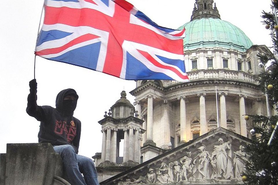 Loyalists taking part in a protest over the restrictions of flying the Union flag protesting outside Belfast City Hall