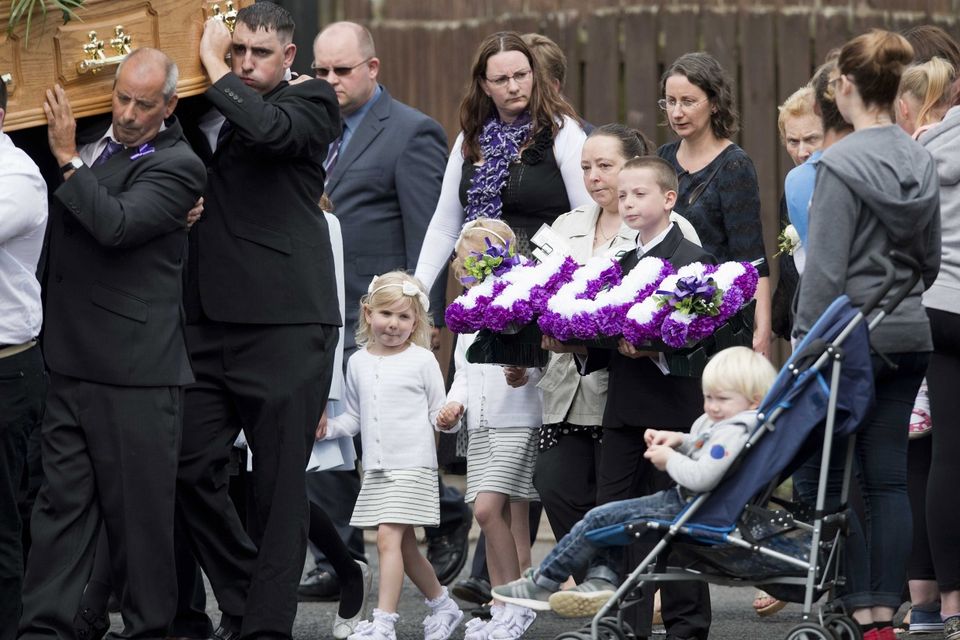The funeral of Valerie Armstrong takes place at The Church of the Nativity in West Belfast.  Valerie Armstrong, 35, was walking her dog in a forest park on the outskirts of Belfast when she was knocked down by a motorbike. Picture Mark Marlow/pacemaker press