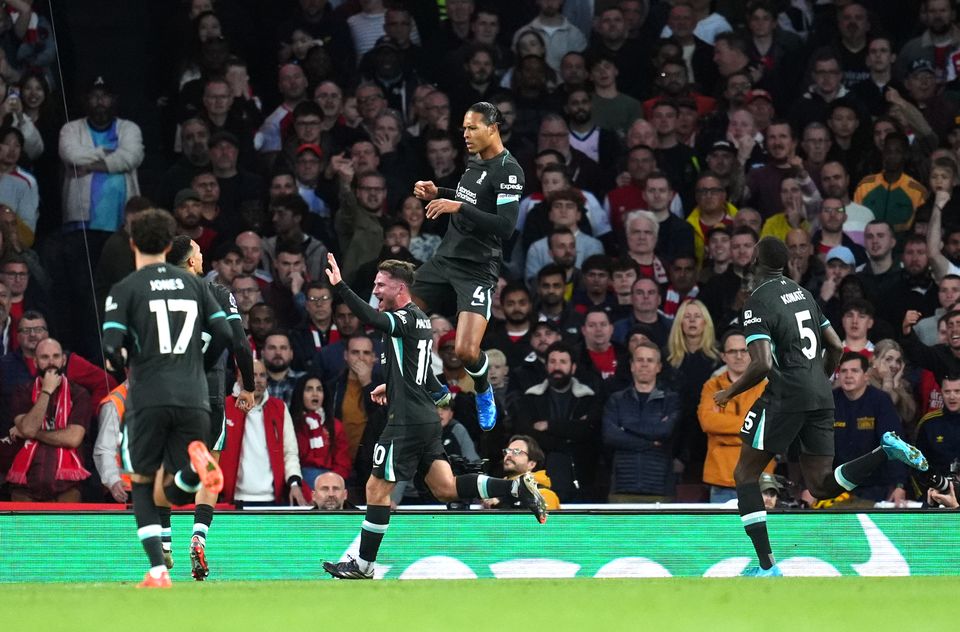 Virgil van Dijk celebrates his first-half equaliser (Adam Davy/PA)