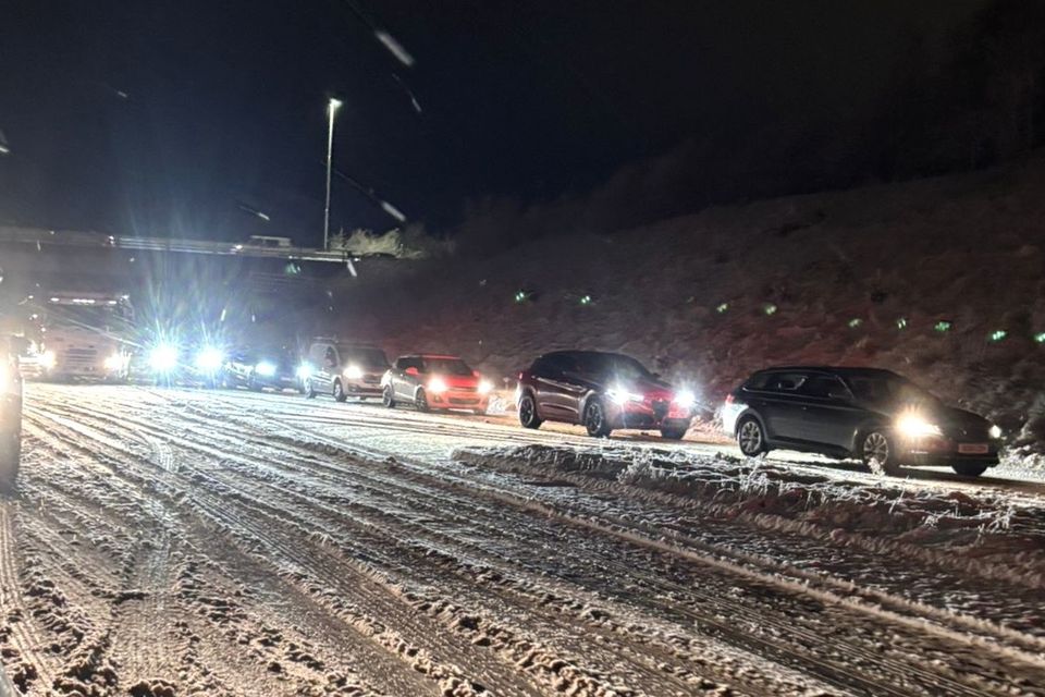 Snow causing disruption on the A8 tonight. Photo by Ellie McAuley for Belfast Telegraph