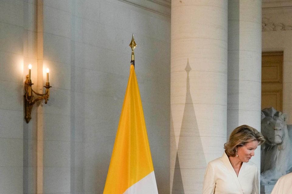 Pope Francis with King Philippe and Queen Mathilde in the Castle of Laeken, Brussels (Andrew Medichini/AP)