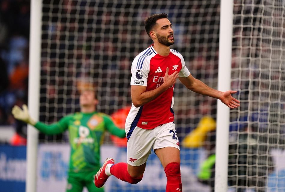 Mikel Merino celebrates scoring Arsenal’s opener at the King Power Stadium (Mike Egerton/PA)