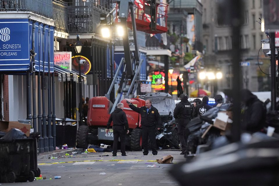 Emergency services attend the scene on Bourbon Street after a vehicle drove into a crowd in New Orleans. AP