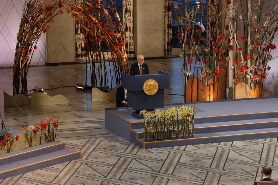 Terumi Tanaka speaks during the Nobel Peace Prize ceremony in Oslo (Kin Cheung/AP)