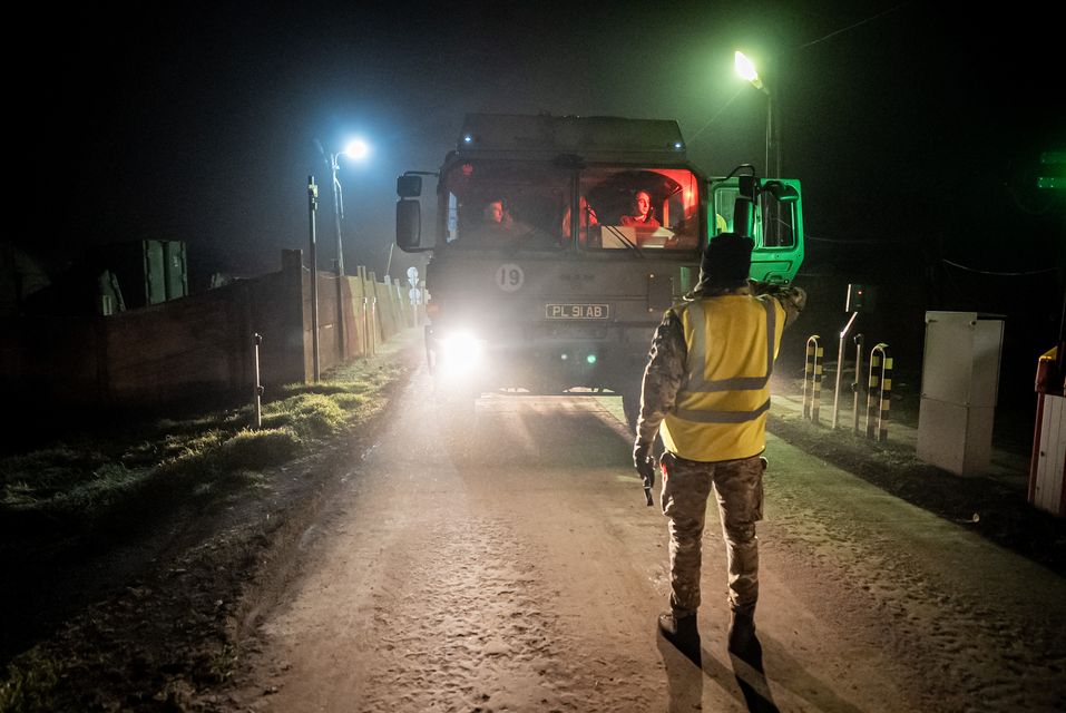 A British military vehicles arrives at a Hungarian military base at Szentes, during Exercise Steadfast Dart (Ben Birchall/PA)