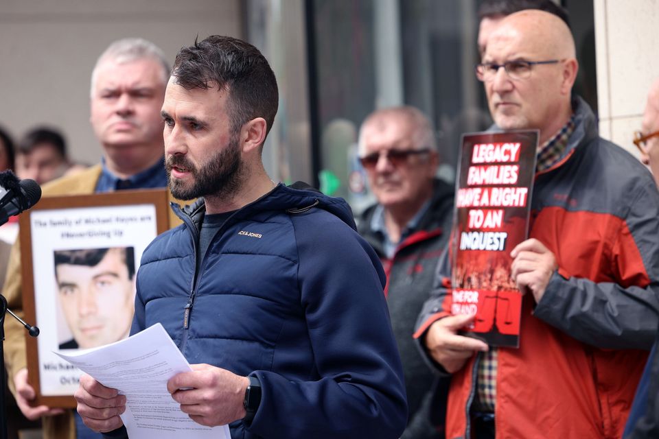 Damian Brown, the grandson of Sean Brown who was murdered by loyalist paramilitaries in 1997, speaks at a protest against the Legacy Act in Belfast. Pic by Stephen Davison/Pacemaker.