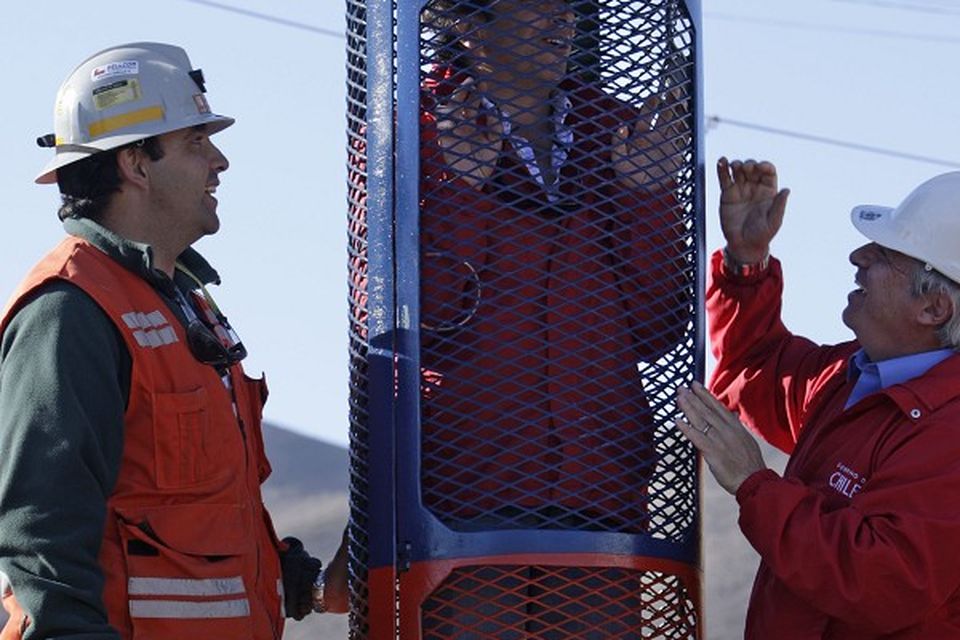 Chile's mining minister Laurence Golborne stands inside a capsule that will be used to rescue trapped miners (AP)