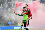 thumbnail: Cliftonville’s Joe Gormley and Sam Ashford celebrate following the Reds' Irish Cup Final triumph