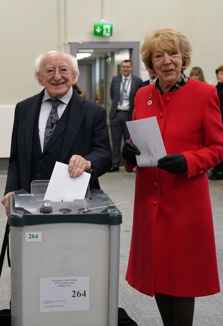 Irish President Michael D Higgins and his wife Sabina cast their votes at St Mary’s Hospital, Phoenix Park, Dublin (Brian Lawless/PA)