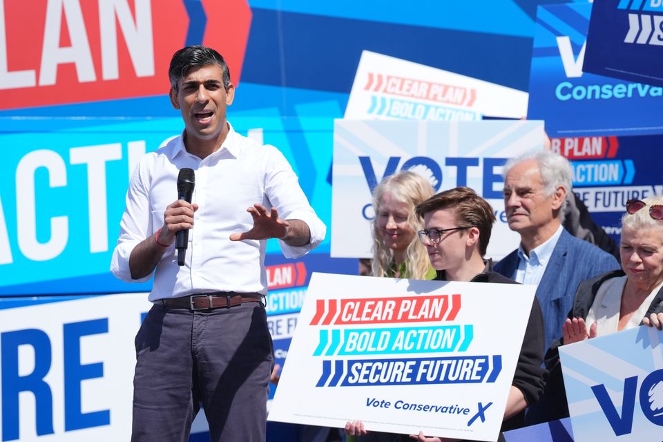 Rishi Sunak launched the Conservative campaign bus at Redcar Racecourse in the North East of England (Jonathan Brady/PA)