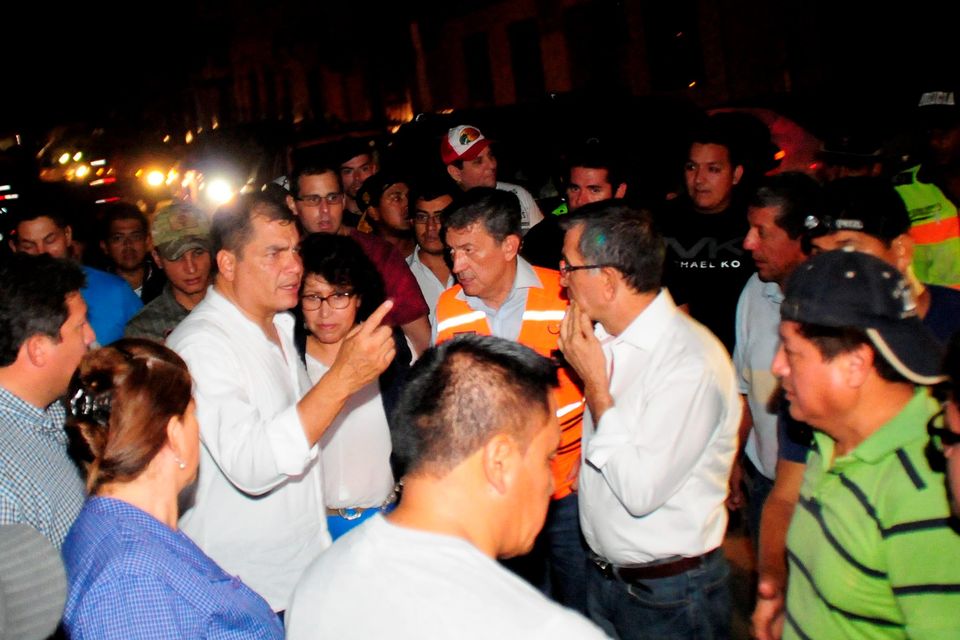 Picture released by Ecuadorean agency API showing Ecuador's President Rafael Correa (C at left) gesturing during his visit to the city of Manta, Ecuador, on April 17, 2016 a day after a powerful 7.8-magnitude quake hit the country.
Ecuador quake kills 272 and the number "will rise", Correa said. / AFP PHOTO / API / Ariel Ochoa / RESTRICTED TO EDITORIAL USE - MANDATORY CREDIT "AFP PHOTO / API / ARIEL OCHOA" - NO MARKETING NO ADVERTISING CAMPAIGNS - DISTRIBUTED AS A SERVICE TO CLIENTSARIEL OCHOA/AFP/Getty Images