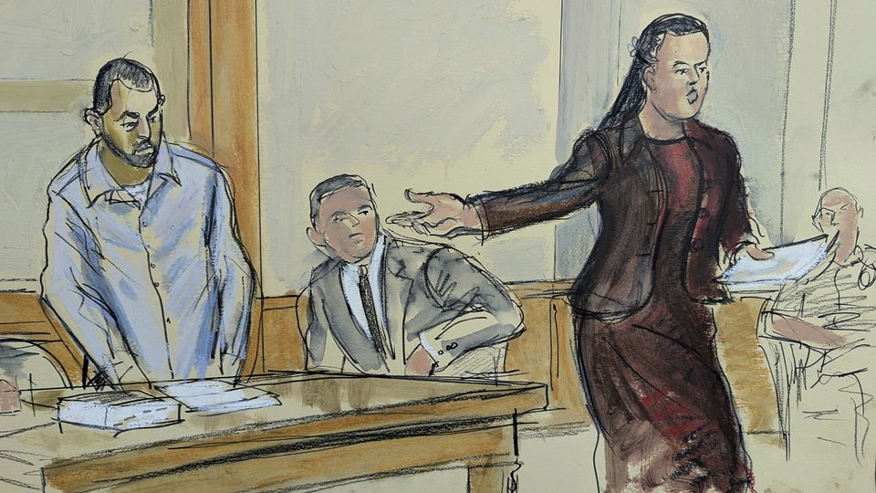 In this courtroom sketch, lawyer Lynn Shaffer asks her client Hadi Matar, left, to stand while giving her opening statement in a court in New York (Elizabeth Williams via AP)