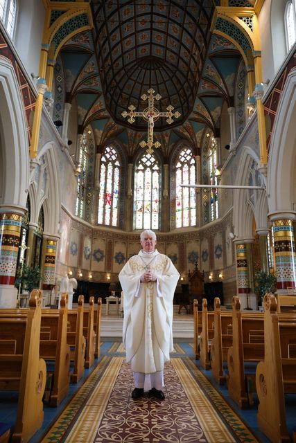 Bishop of Down and Connor, The Most Reverend Noel Treanor pictured after officiating at the Mass of Chrism in an empty St Peter’s Cathedral in west Belfast. (Kelvin Boyes / Press Eye)