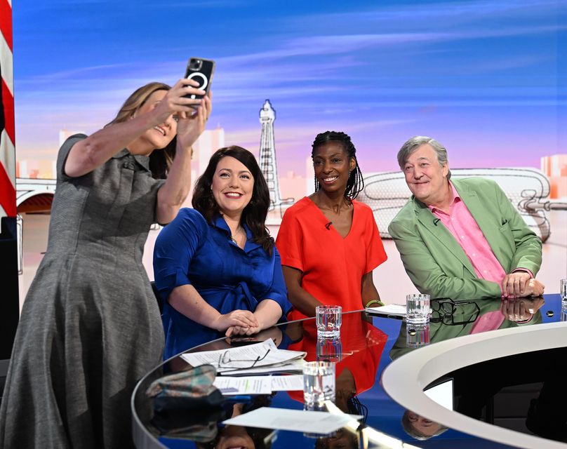 Victoria Derbyshire takes a selfie with Conservative MP Alicia Kearns, John Lewis chairwoman Sharon White and actor and broadcaster Stephen Fry (Jeff Overs/BBC)