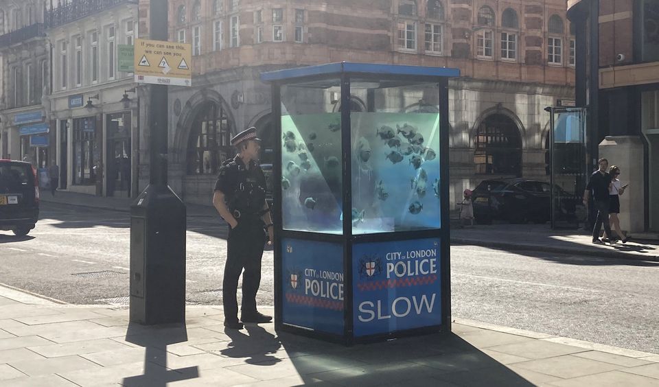 A City of London police officer looks at a new design of swimming fish which has appeared on a police box in the City of London (Jordan Reynolds/PA)