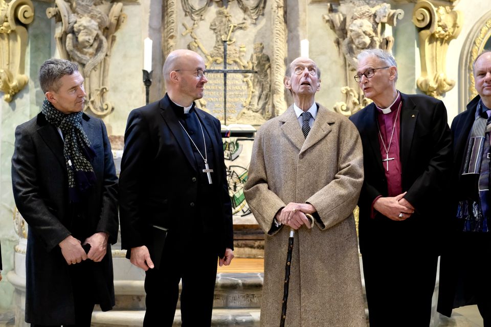 The duke looks up at the interior of the restored Frauenkirche in Dresden (Till Budde/British Embassy Berlin/PA)