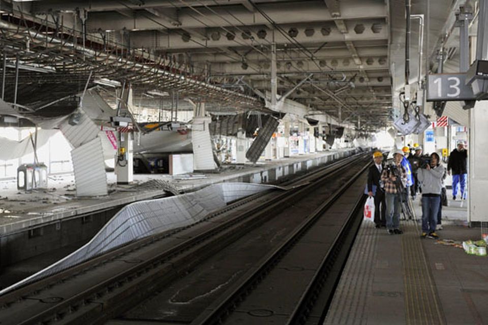 Damaged platforms for bullet trains are seen in Sendai, northern Japan Monday, March 14, 2011 following Friday's massive earthquake and the ensuing tsunami. (AP Photo/Kyodo News)  JAPAN OUT, MANDATORY CREDIT, NO SALES IN CHINA, HONG  KONG, JAPAN, SOUTH KOREA AND FRANCE