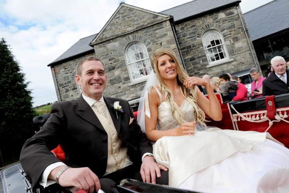 Big day: Desi Gibson and Victoria McKibben were all smiles outside Edengrove Church in Ballynahinch.
<p><b>To send us your Wedding Pics <a  href="http://www.belfasttelegraph.co.uk/usersubmission/the-belfast-telegraph-wants-to-hear-from-you-13927437.html" title="Click here to send your pics to Belfast Telegraph">Click here</a> </a></p></b>