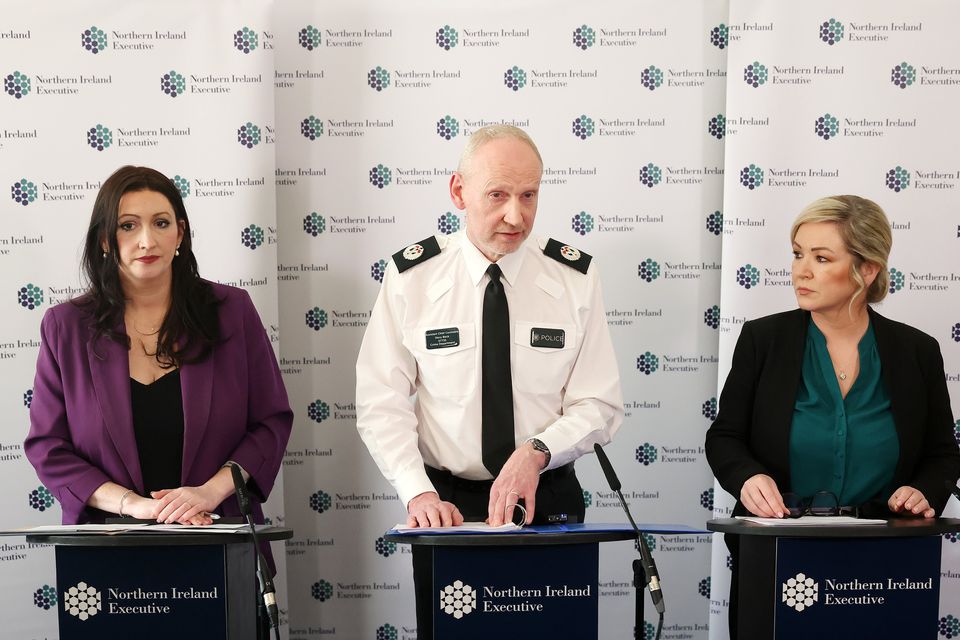 Deputy First Minister Emma Little-Pengelly, PSNI ACC Davy Beck and First Minister Michelle O’Neill  hold a press conference at Parliament Buildings, Stormont. Picture by Jonathan Porter/PressEye