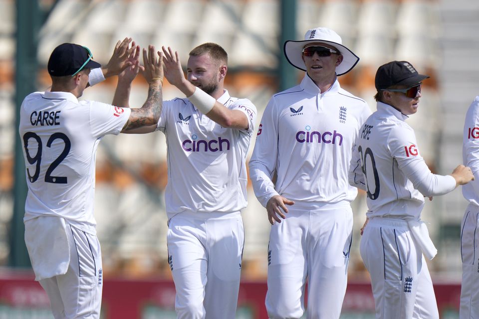 Gus Atkinson took England’s only wicket of the first session (Anjum Naveed/AP)