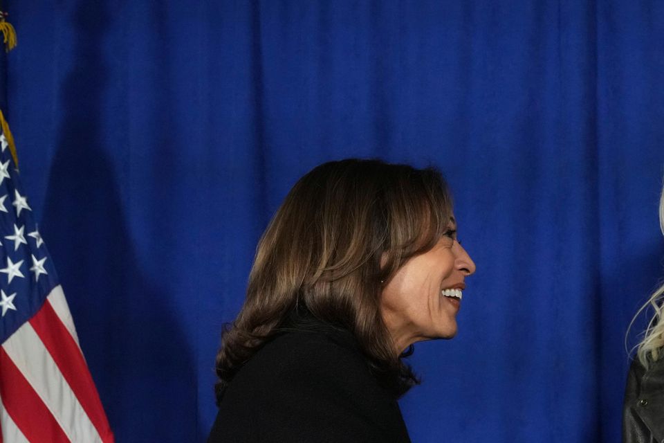 Democratic presidential nominee Vice President Kamala Harris, from left, greets Lady Gaga and her husband Michael Polansky at a campaign rally outside the Philadelphia Museum of Art, Monday in Philadelphia (Jacquelyn Martin/AP)