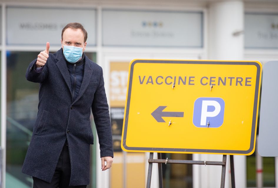 The then health secretary Matt Hancock during a visit to the NHS vaccine centre at Epsom Downs racecourse, Surrey, in January 2021 (Dominic Lipinski/PA)