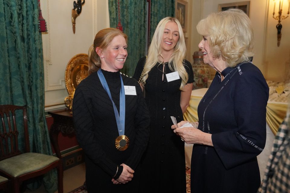 Camilla speaks to Rosalind Canter and Yasmin Ingham (Jonathan Brady/PA)