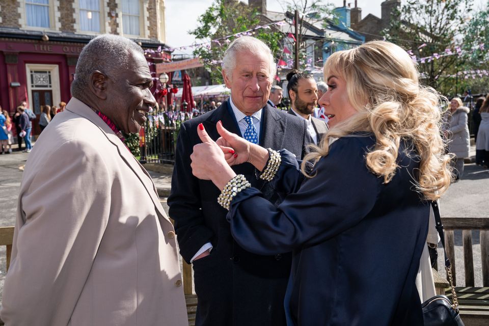 The Prince of Wales with Letitia Dean and Rudolph Walker during a visit to the set of EastEnders at the BBC studios in Elstree, Hertfordshire (Aaron Chown/PA)