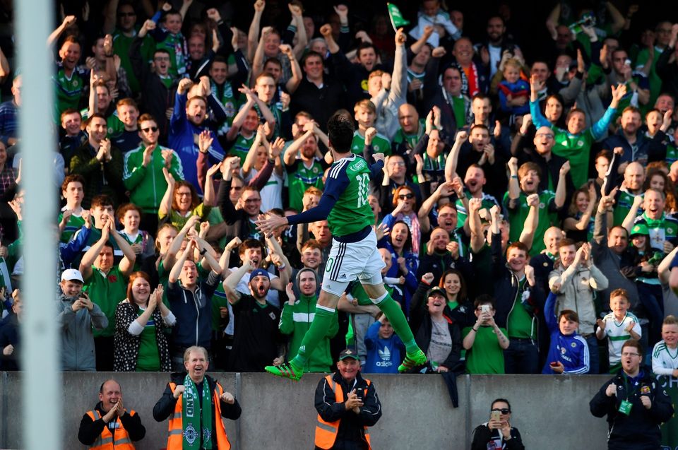BELFAST, NORTHERN IRELAND - MAY 27: Kyle Lafferty of Northern Ireland celebrates after scoring during the international friendly game between Northern Ireland and Belarus on May 26, 2016 in Belfast, Northern Ireland. (Photo by Charles McQuillan/Getty Images)