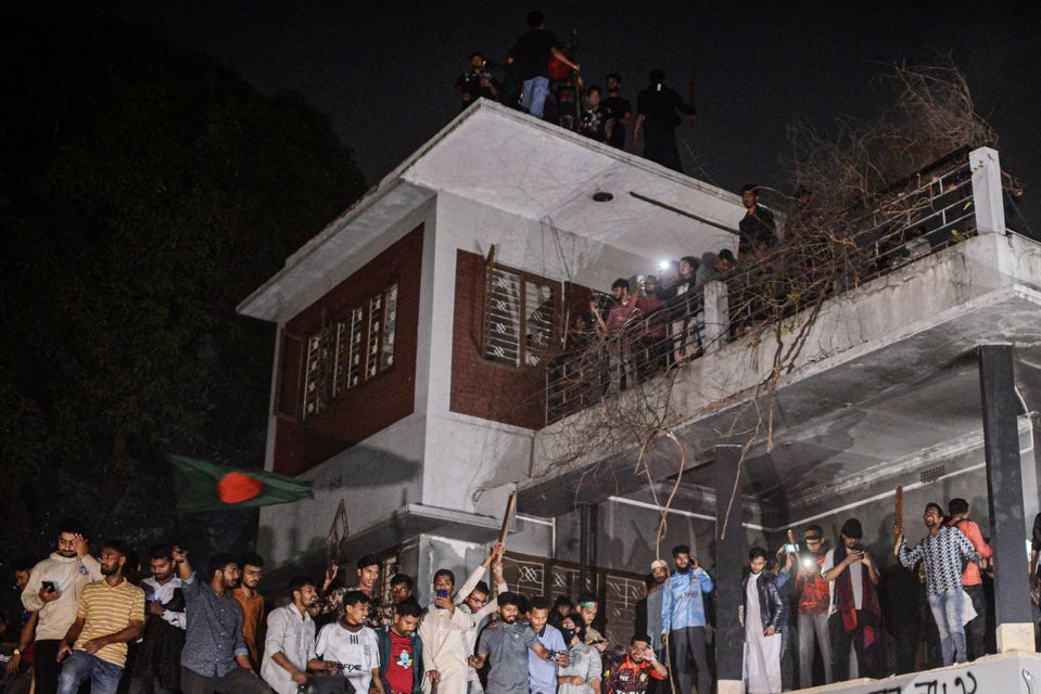 Protesters vandalise the residence of Sheikh Mujibur Rahman, Bangladesh’s former leader and the father of ousted prime minister Sheikh Hasina (Mahmud Hossain Opu/AP)