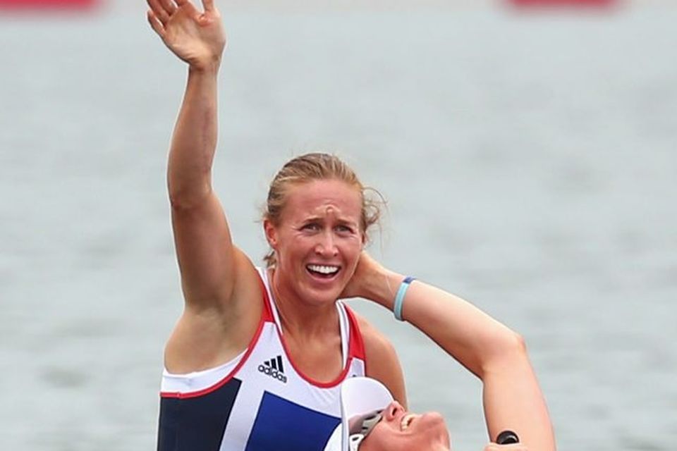 We did it: Heather Stanning and Helen Glover celebrate after winning gold in the Women's Pair Final during the Men's Single Sculls on Day 5 of the London 2012 Olympic Games at Eton Dorney on August 1