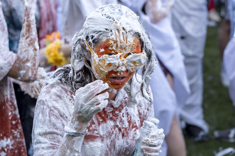 The foam dousing is part of the first term fun at St Andrews (Jane Barlow/PA)