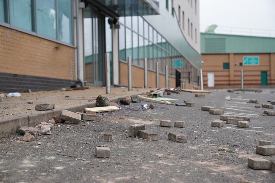 Debris after the attack on Tamworth’s Holiday Inn Express (Jacob King/PA)