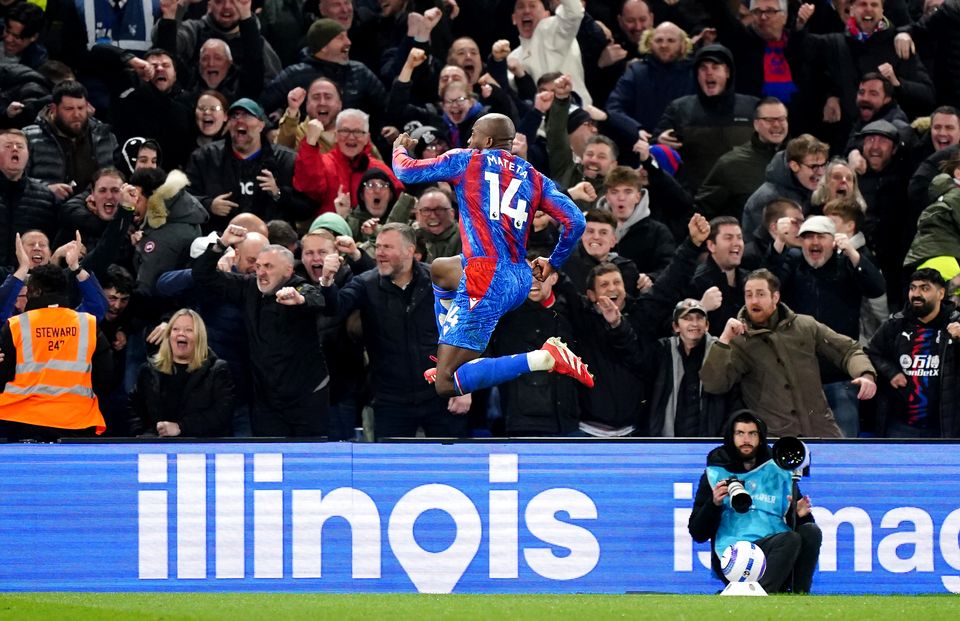 Jean-Philippe Mateta celebrates after scoring Crystal Palace’s second goal (Zac Goodwin/PA)