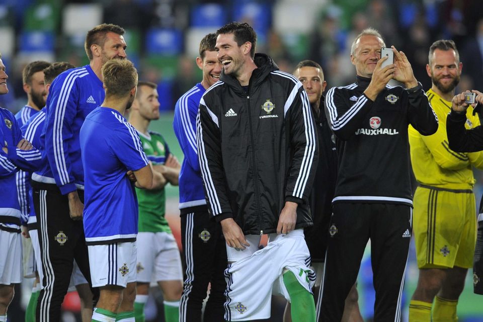 PACEMAKER BELFAST   27/05/2016
Northern Ireland v Belarus  Friendly International
Northern Irelands Kyle Lafferty gets his shorts pulled down during this evenings Friendly International at Windsor park.
Photo Mark Marlow/Pacemaker Press