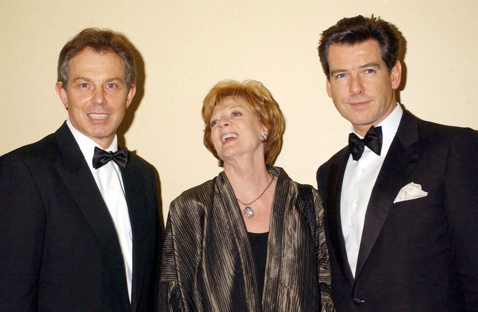 Then prime minister Tony Blair, Dame Maggie Smith and Pierce Brosnan during the Evening Standard Film Awards 2002 at The Savoy in London (PA)