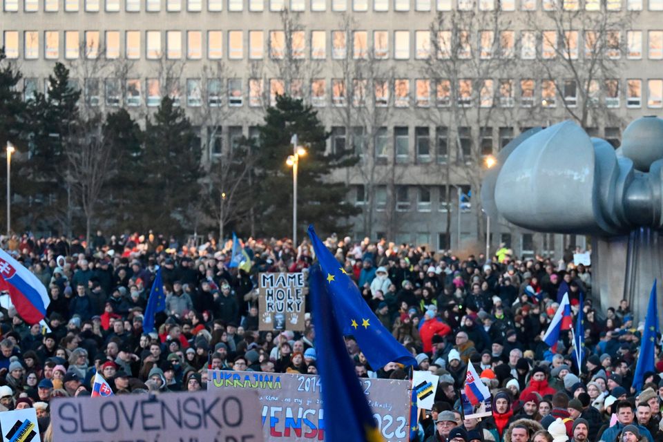 Thousands of protesters gather to oppose the policies of Slovakia’s Prime Minister Robert Fico in Bratislava, Slovakia (Denes Erdos/AP)