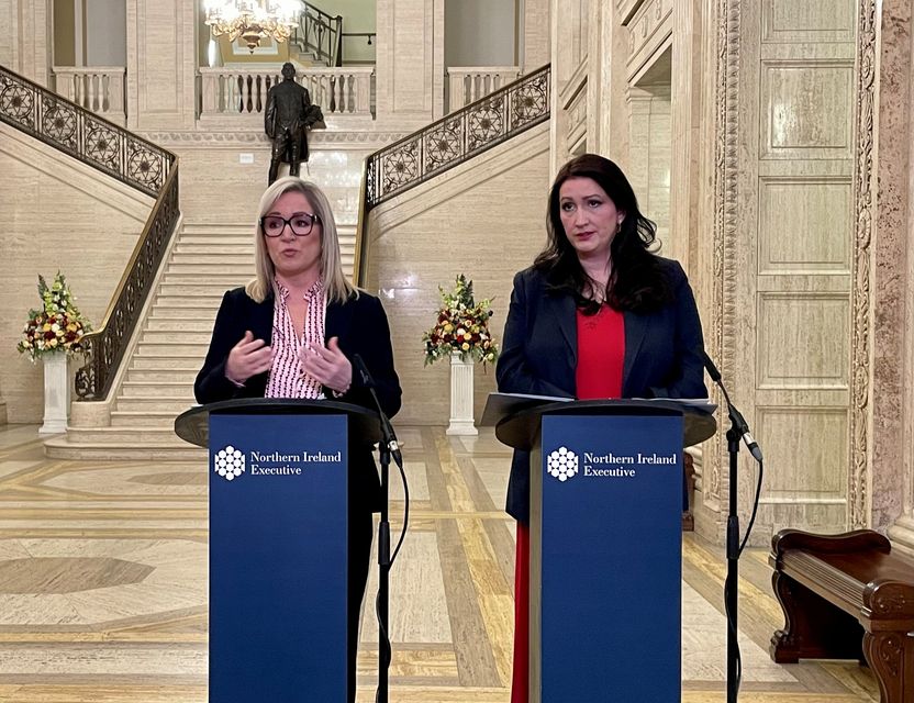 Michelle O’Neill (left) and Emma Little-Pengelly address reporters in Parliament Buildings (David Young/PA)