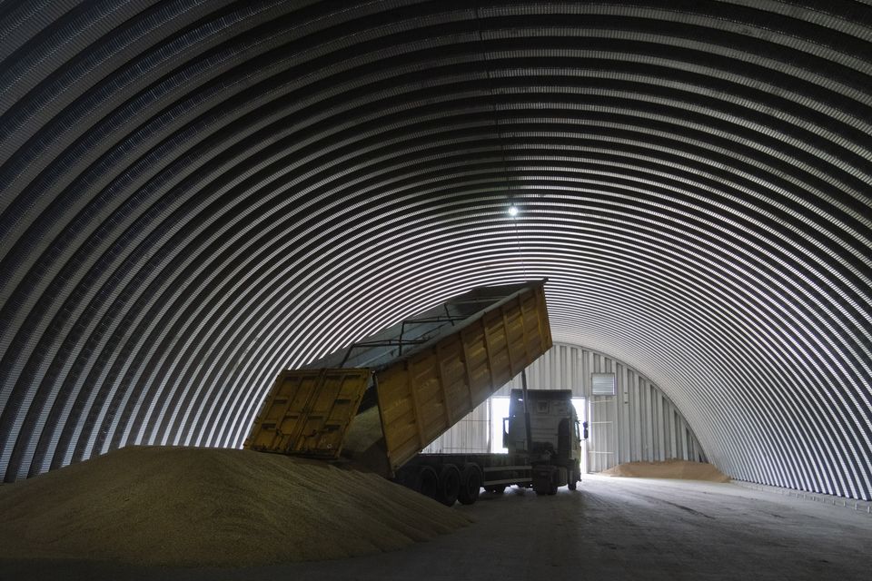 A dump track unloads grain in a granary in the village of Zghurivka, Ukraine (Efrem Lukatsky/AP/PA)