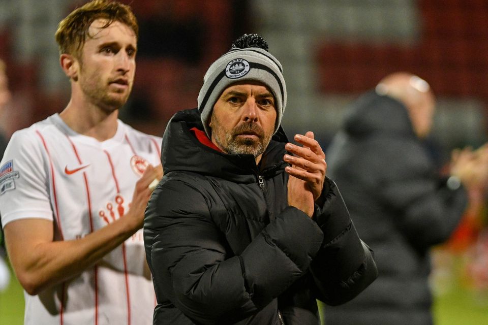 Larne manager Tiernan Lynch applauds the fans following his side's victory over Cliftonville