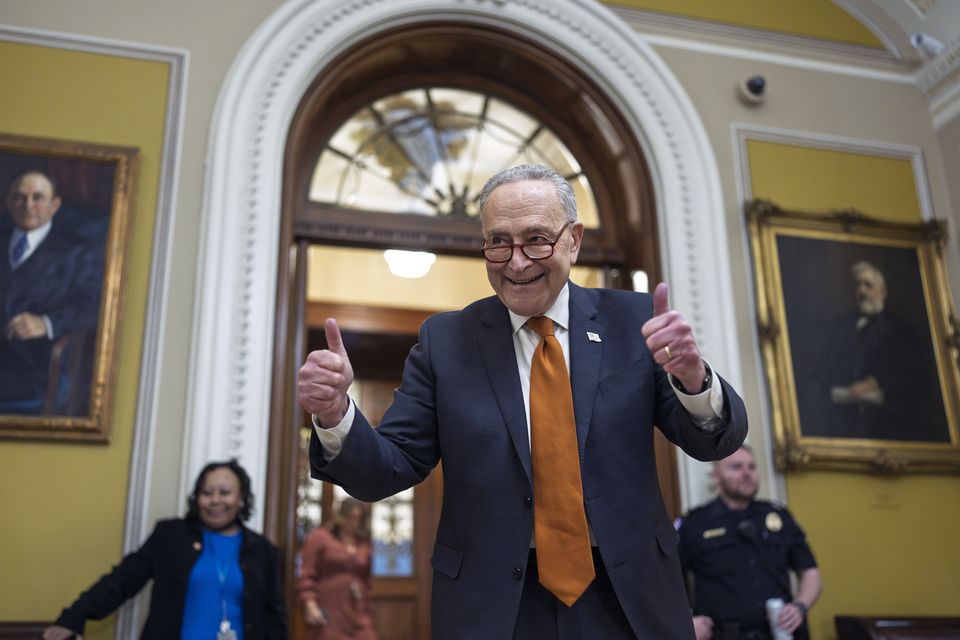 Chuck Schumer celebrates as the Senate begins voting on the government funding bill just in time to meet the midnight deadline (AP Photo/J. Scott Applewhite)