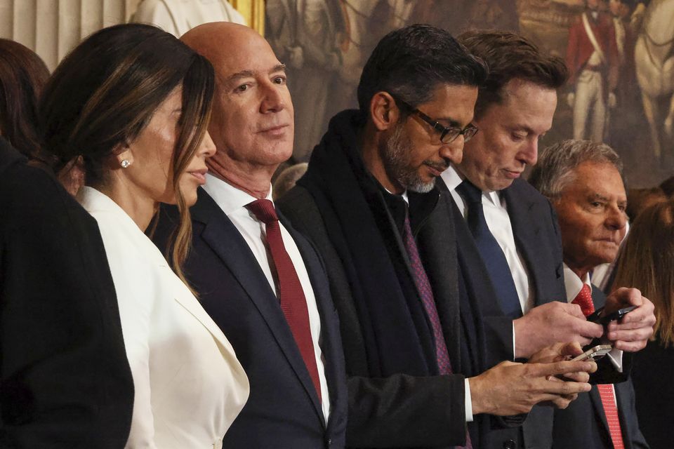 Lauren Sanchez, Jeff Bezos, Sundar Pichai and Elon Musk in the Rotunda of the US Capitol in Washington (Chip Somodevilla/Pool Photo via AP)