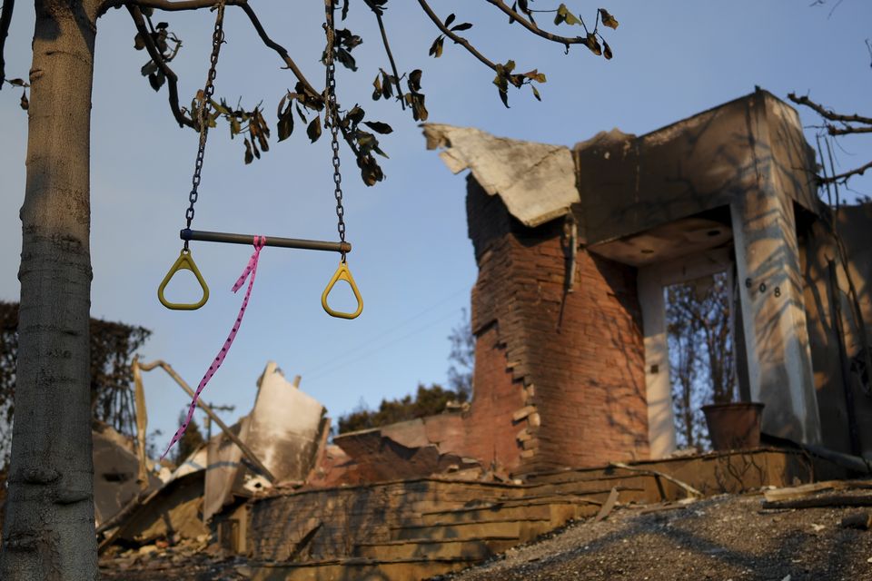 A swing hangs from a tree in front of a fire-damaged residence in the aftermath of the Palisades Fire (Eric Thayer/AP)