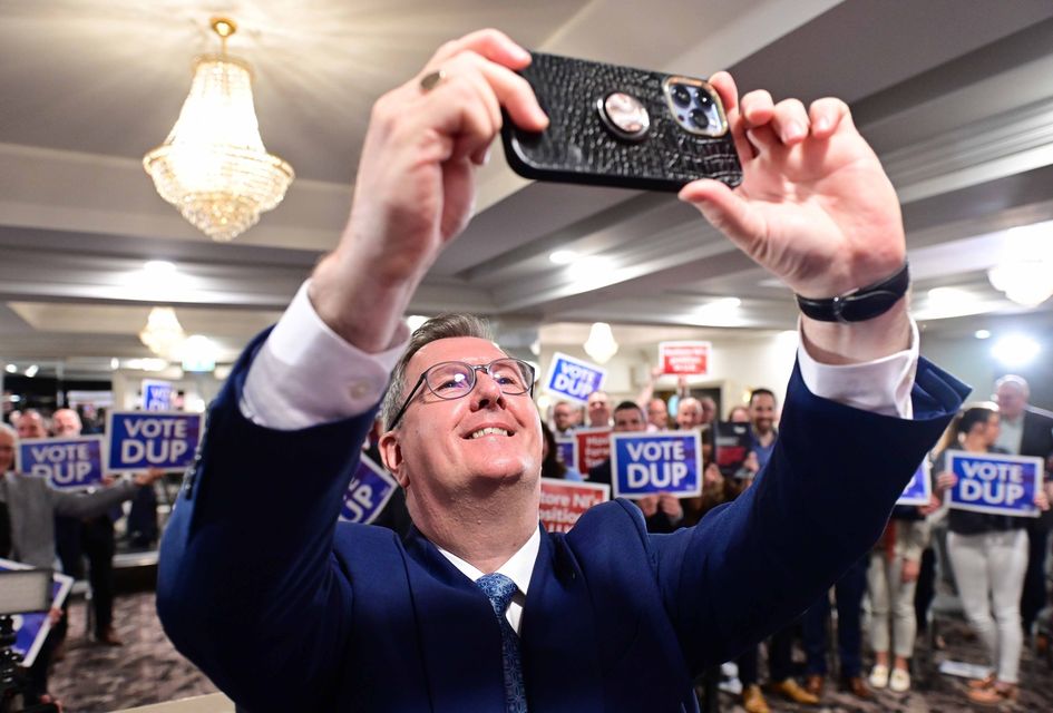 Jeffrey Donaldson takes a selfie with party faithful (Photo by Colm Lenaghan /Pacemaker)