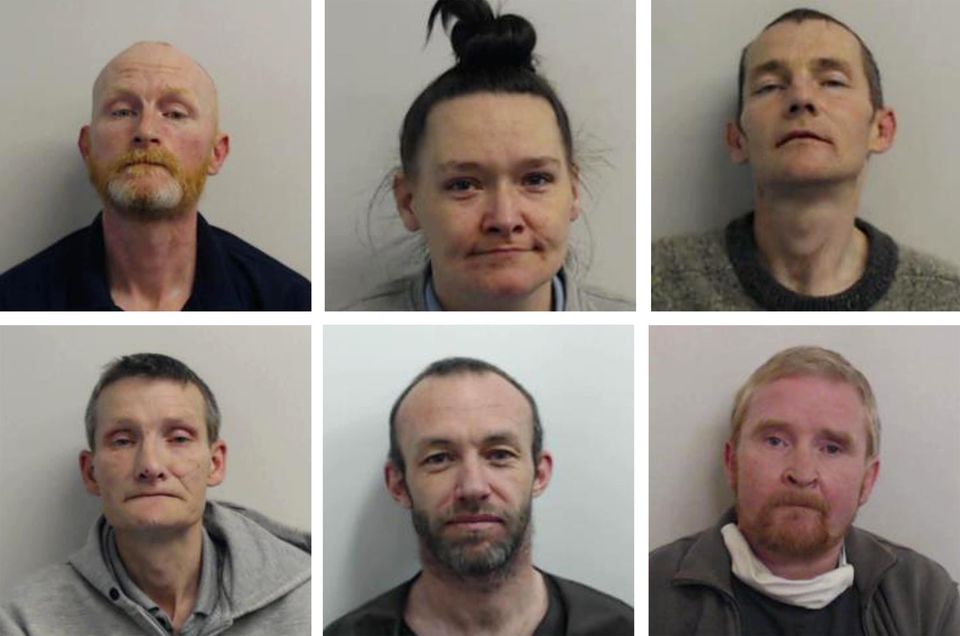 Top row, left to right, Barry Watson, Elaine Lanney and Iain Owens. Bottom row, left to right, John Clark, Paul Brannan and Scott Forbes who were all convicted of a string of sex crimes towards children including rape and sexual abuse in a Glasgow drug den (Police Scotland/PA)