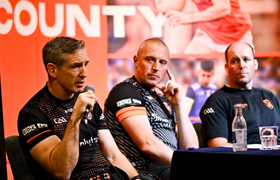 Kieran McGeeney (left) with Kieran Donaghy and Ciaran McKeever ahead of the 2024 All-Ireland Final