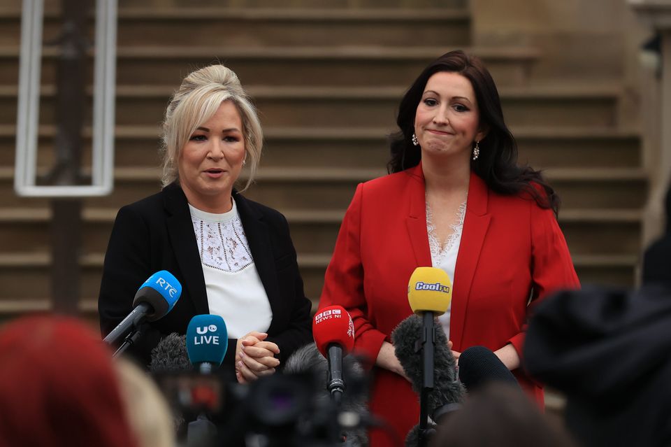 First Minister Michelle O’Neill and deputy First Minister Emma Little-Pengelly during a press conference at Stormont Castle, Belfast, following the restoration of the powersharing executive (Liam McBurney/PA)