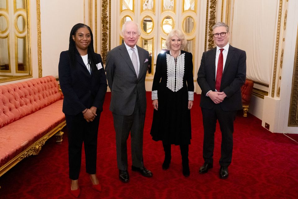 The King and Queen with Conservative Party leader Kemi Badenoch and Prime Minister Sir Keir Starmer during a reception at Buckingham Palace (Aaron Chown/PA)