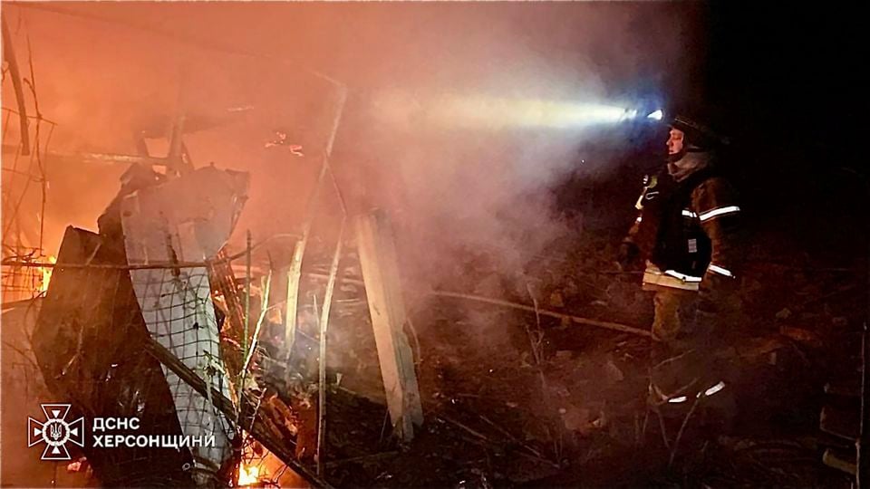 Ukrainian firefighters respond after a Russian drone attack caused damage to the region (Ukrainian Emergency Service via AP)