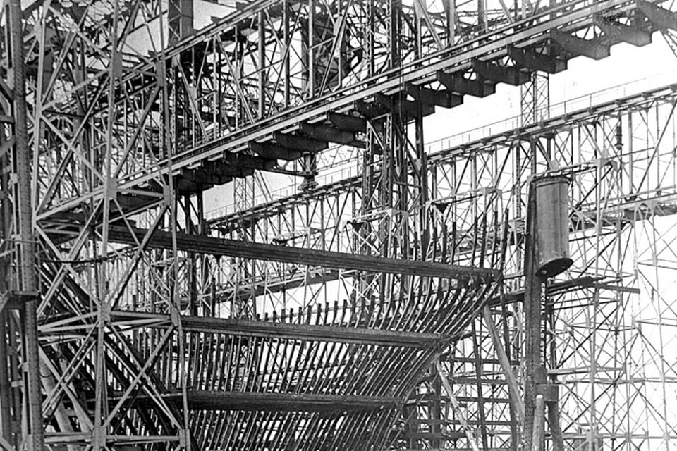 Titanic, upper part of stern frame in position. Photograph © National Museums Northern Ireland. Collection Harland & Wolff, Ulster Folk & Transport Museum